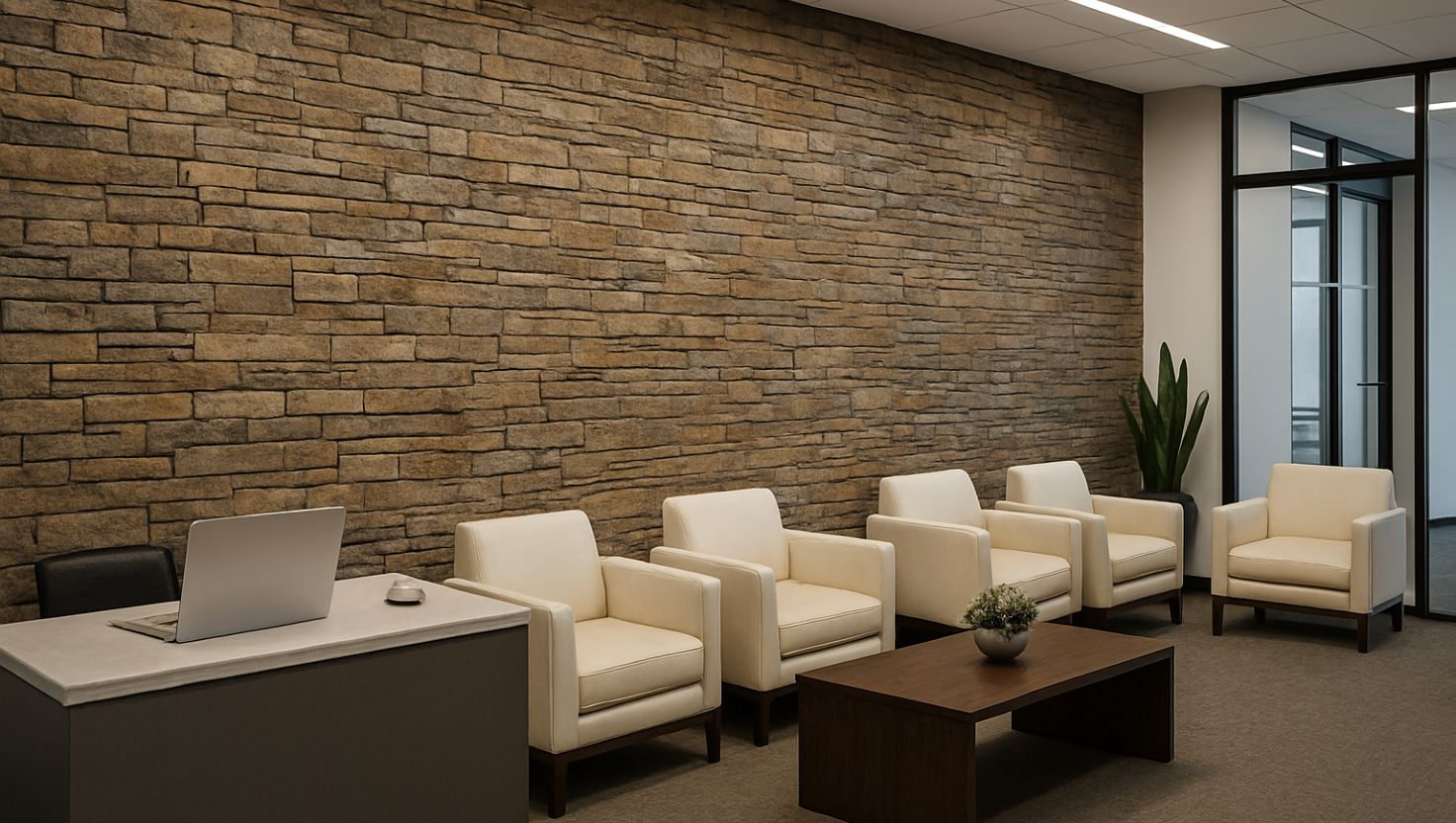 Modern corporate office with natural stone wall cladding design